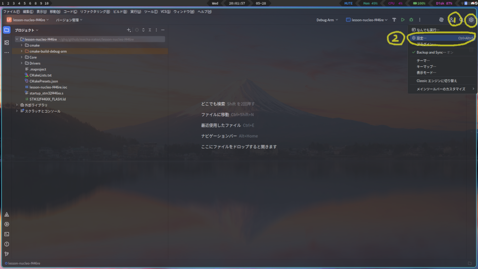 CLionのエディタ画面、設定を開く
